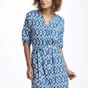 Anthro Maeve blue ikat belted roll tab shirt dress size medium